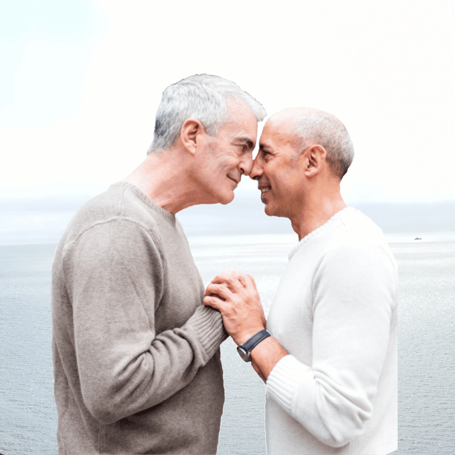 Een liefdeskoppel van mannen die dicht tegenover elkaar staan, elkaars handen vasthouden en elkaar in de ogen kijken