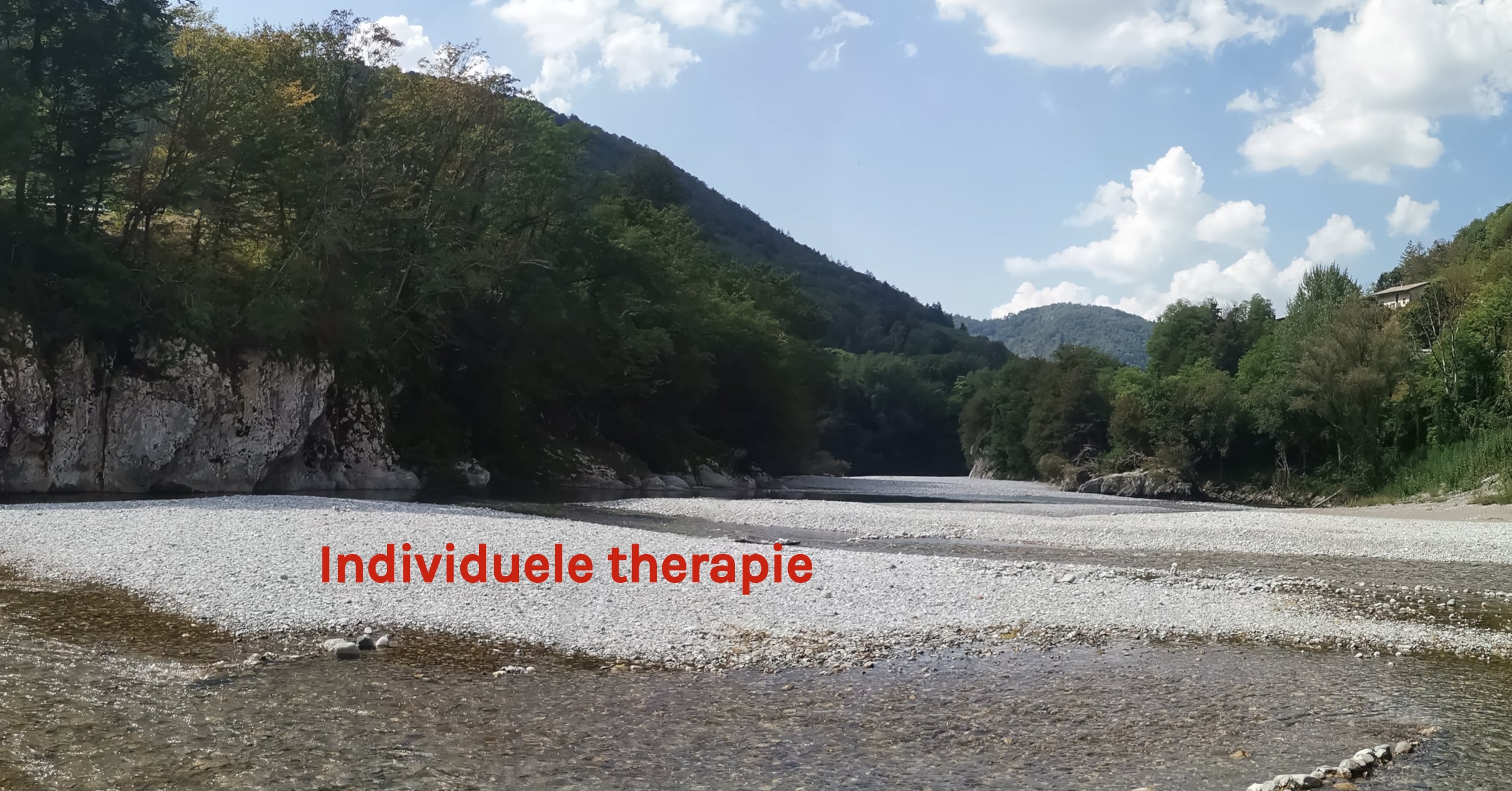 Vooraanzicht van rivier met weinig water in bosrijke, bergachtige omgeving