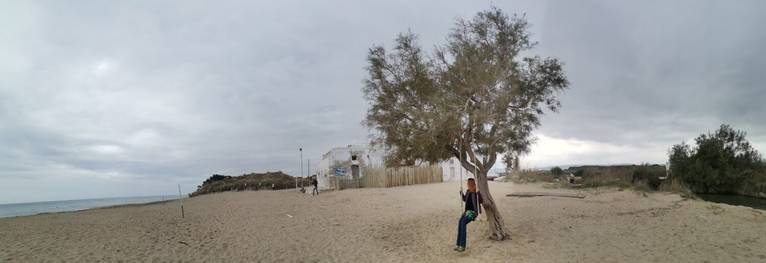 Vrouw zittend op schommel die hangt aan boom kijkend naar de zee links met donkere wolken