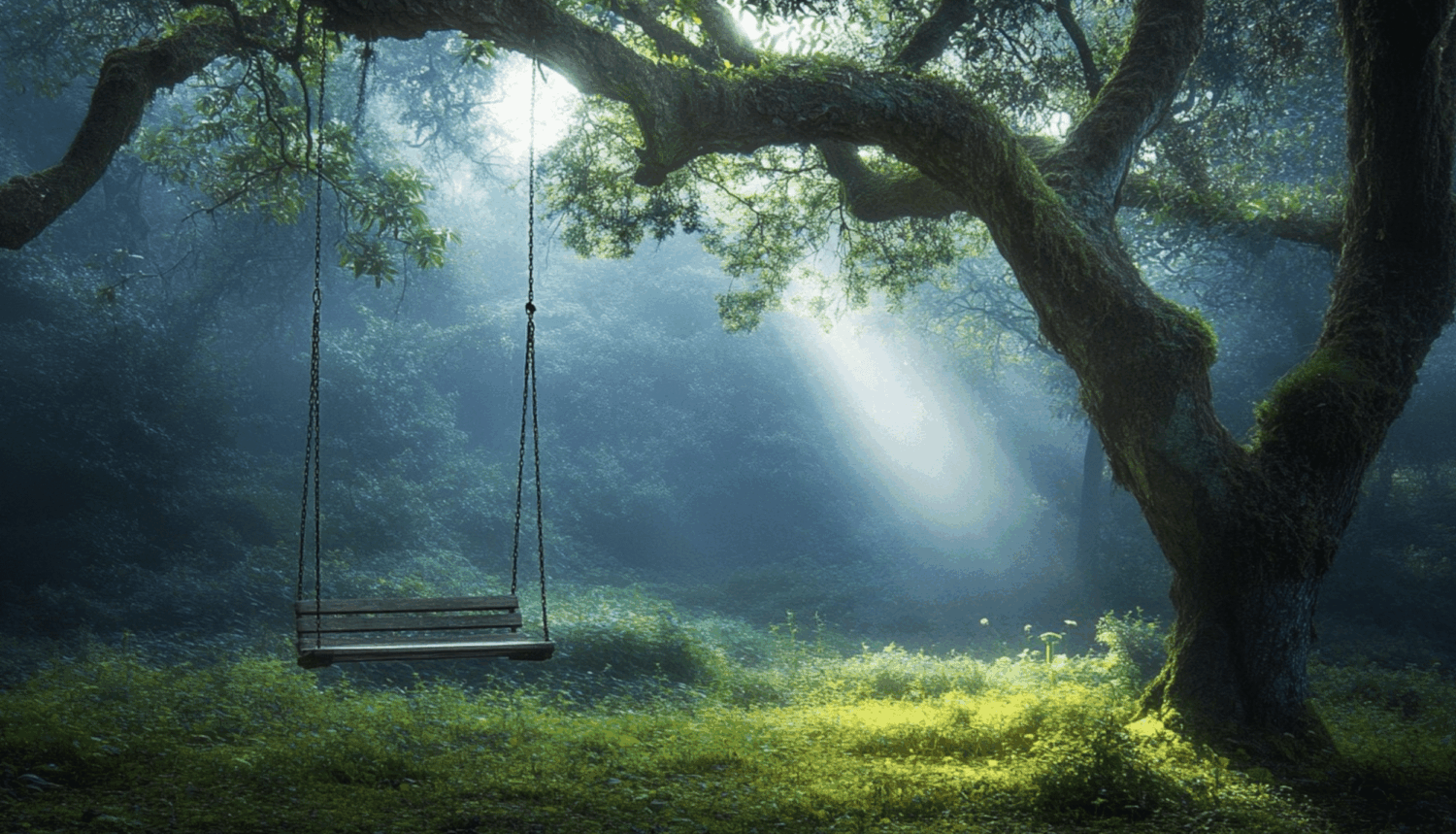 Duoschommel stilhangend aan een boomtak in een mosgroene omgeving