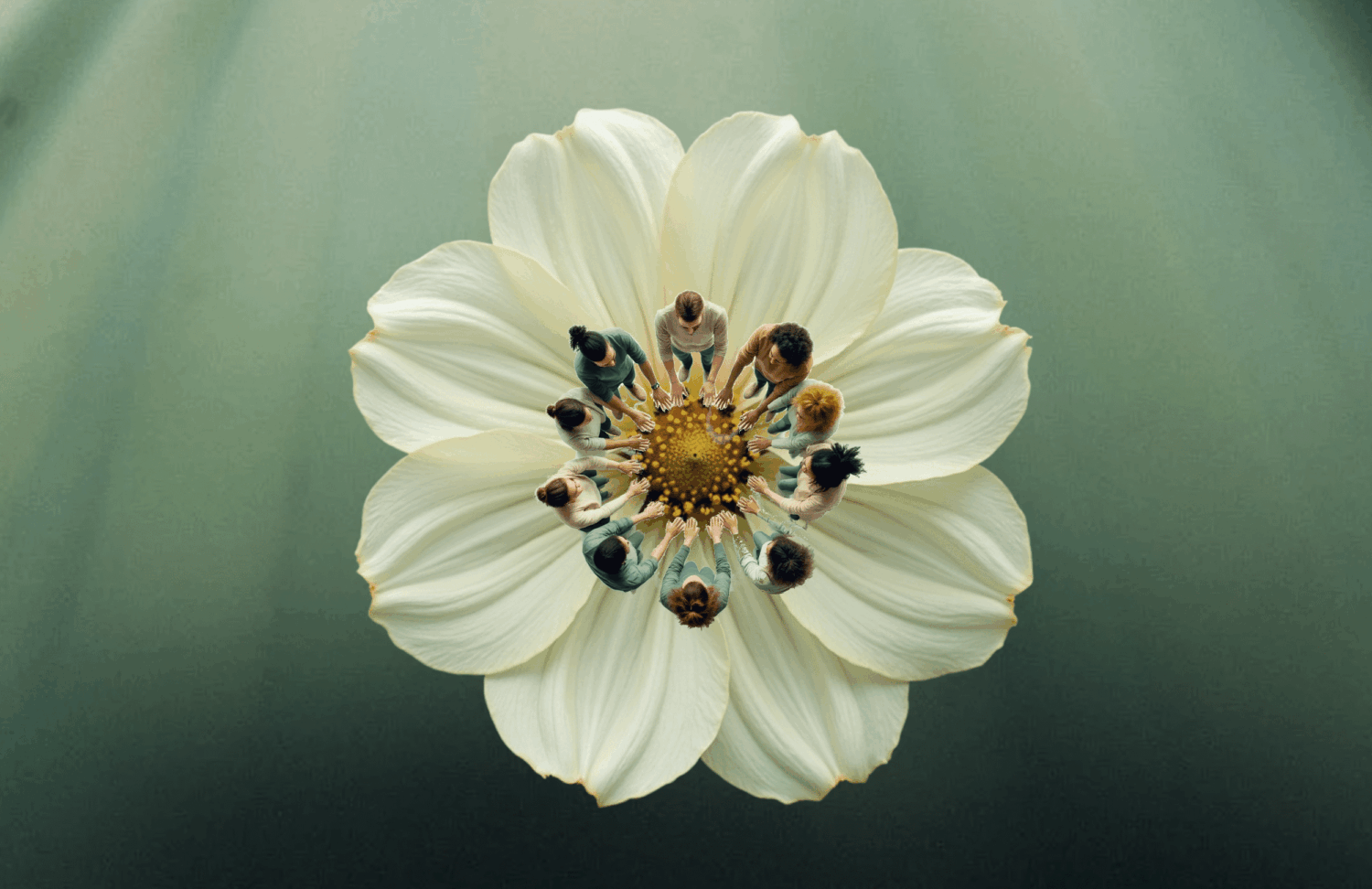 4200-Mandy-de-Meyer-014 Witte bloem op een verlichte groene achtergrond met een cirkel van 10 mensen die de bloemknop aanraken om te helen