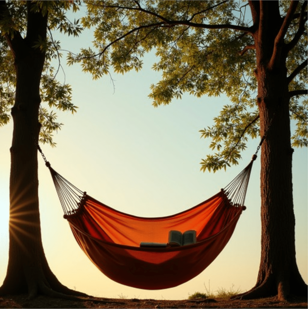 Blog 3 Afbeelding kunst van het niets doen voor HSP Oranje hangmat hangend tussen 2 bomen die je uitnodigt om erin te gaan liggen en te ontspannen