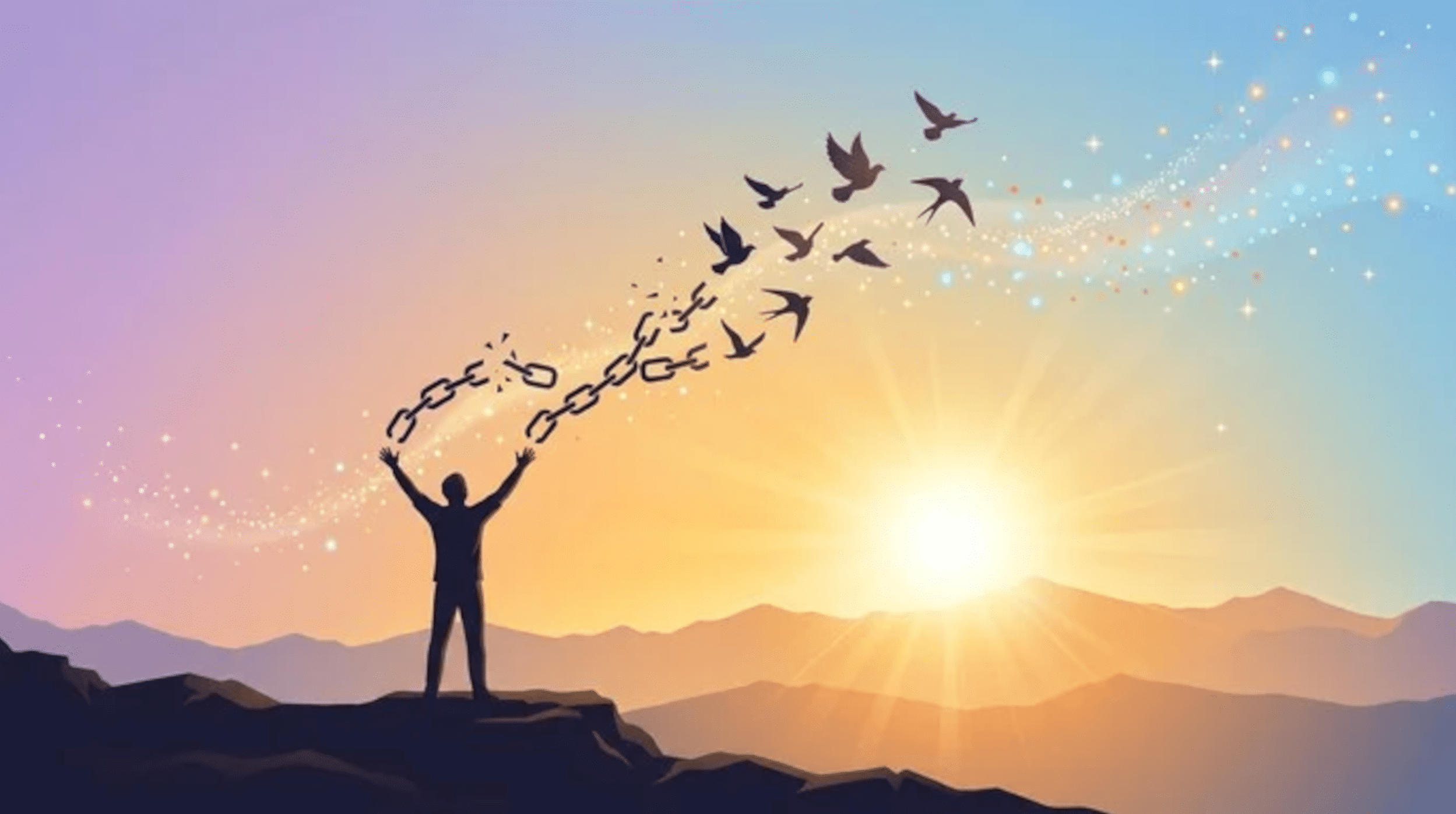 Blog 4 Vuurkrachtig-bevrijd jezelf van codependentie Tekening silhouet met gespreide armen op een berg die ketting verbreedt, waardor er vogels vrij wegvliegen