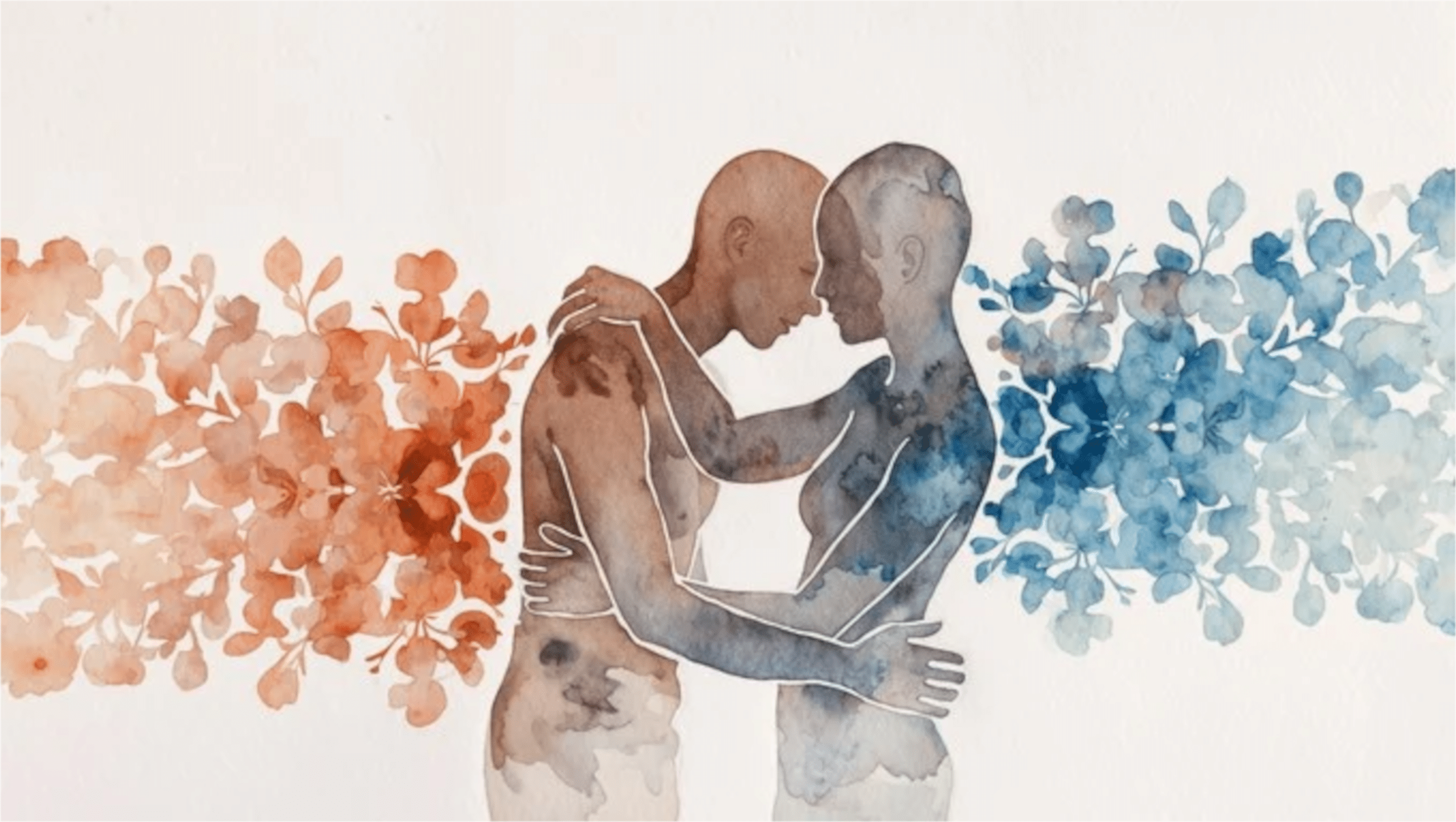 Blog 4 Vuurkrachtig - codependentie in een relatie Aquereltekening behoeftige man die getroost en gesteund wordt door vrouw