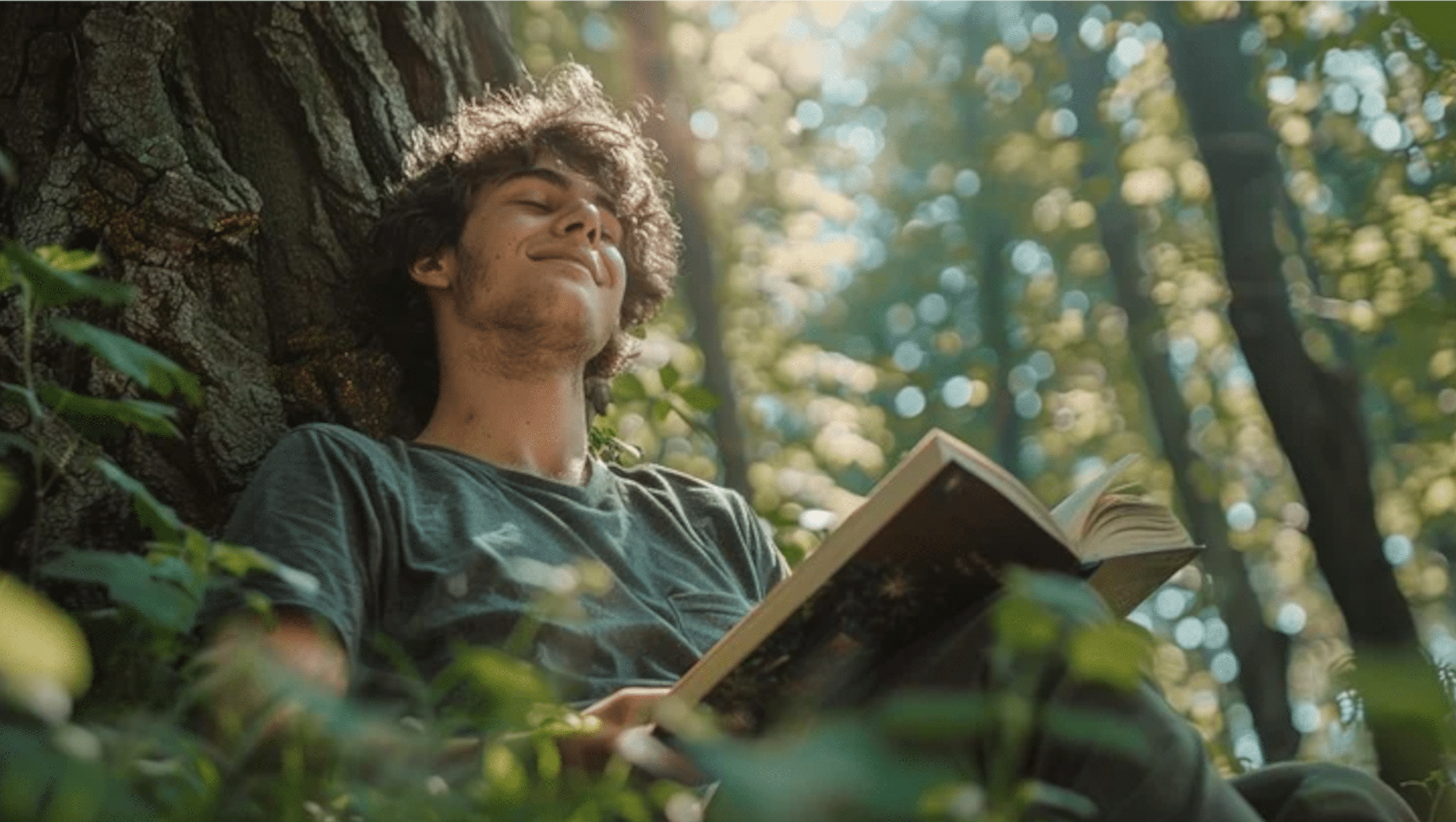 Blog 4 Vuurkrachtig - ik ben ik Tevreden man zittend tegen een boom met een boek