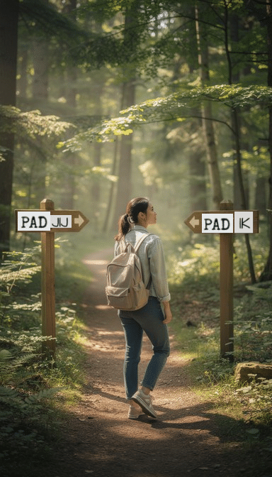 Blog 6 Vuurkrachtig-voor jezelf kiezen Vrouw loopt in het bos en komt twee bordjes tegen met daarop 2 paden die ze kan bewandelen. De eerste met de woorden 'Pad Jij', de tweede met de woorden 'Pad Ik'. Ze kijkt naar 'Pad Ik'.