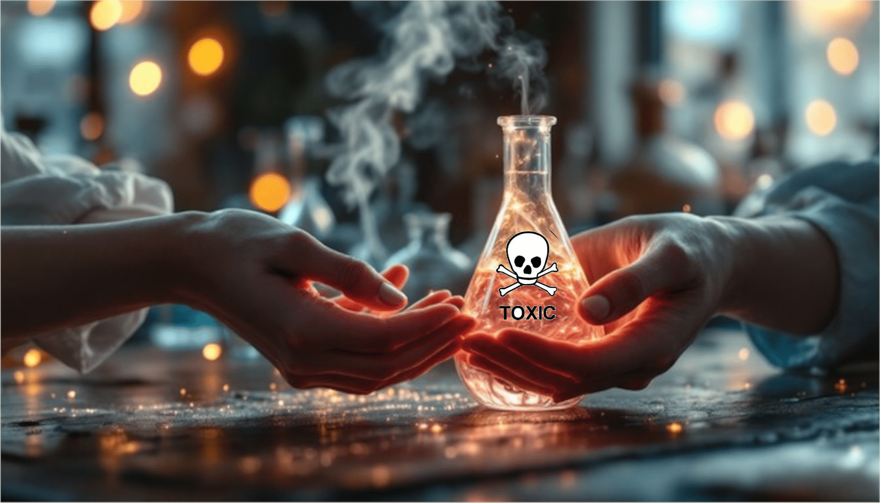 Blog 6-giftige liefde Twee handen die liefdevol naar elkaar uitreiken en in het midden staat een flesje met een oranje brouwsel. Op het flesje staat een doodskop en het woord toxic.