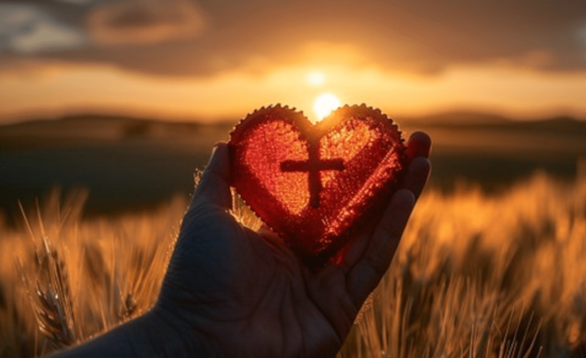 Blog 6 - waarom blijf ik in een toxische relatie Op de voorgrond een hand die een hartvorm met daarin een kruis vasthoudt. Op de achtergrond zie je een ondergaande zon in een weiland. De zon verlicht het hart.